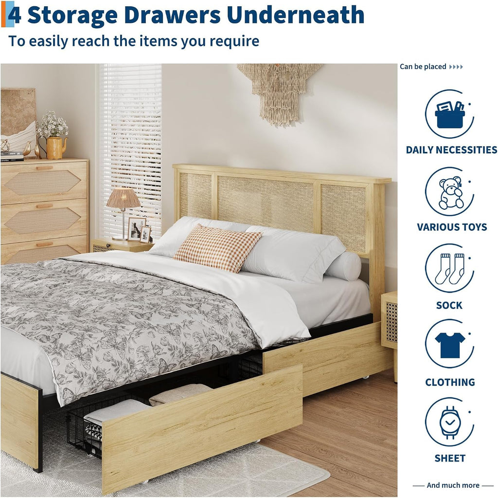 IDEALHOUSE Queen Bed Frame with Natural Rattan Headboard, Slats, Bohemian-Style Cane Mattress Support, Strong Metal Base with Resilient Wooden, No Box Spring Needed