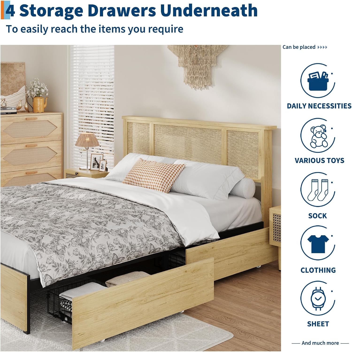 IDEALHOUSE Queen Bed Frame with Natural Rattan Headboard, Slats, Bohemian-Style Cane Mattress Support, Strong Metal Base with Resilient Wooden, No Box Spring Needed