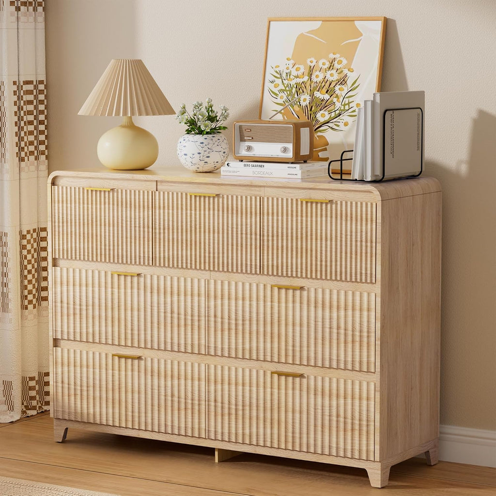 7 Drawer Dresser and 2 Nightstand Sets for Bedroom 3 Pcs Bedroom Set, Modern 47.2' Fluted Dresser with Metal Handles Nightstand Charging Station, Bedroom Furniture Set for Living Room, Natural