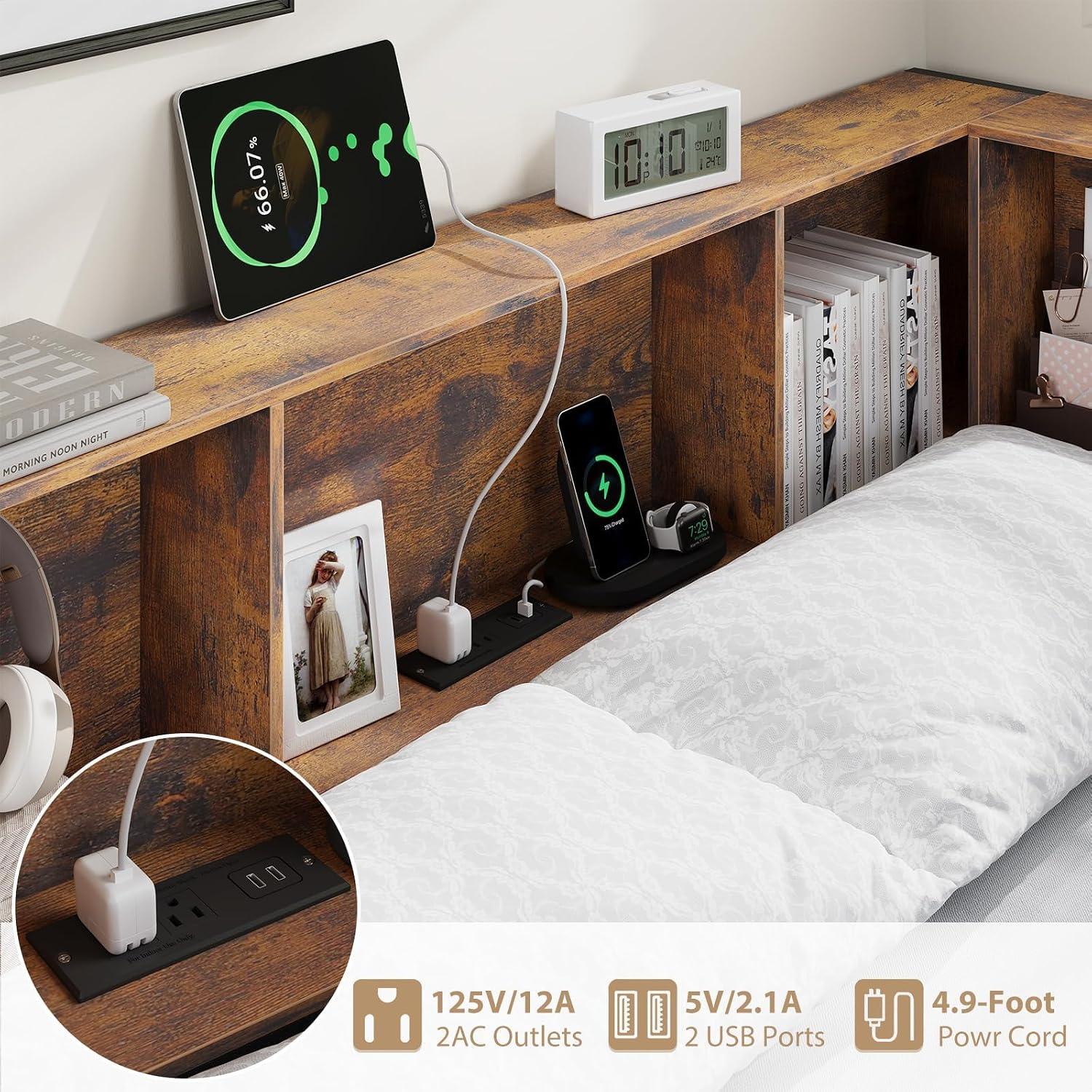 Full Corner Bed Frame with Storage Bookcase and Desktop, Daybed with Charging Station & 2 Storage Drawers, Full Size U-Shaped Metal Platform Bed for Teen & Kids, Bedroom, Living Room, Vintage Brown