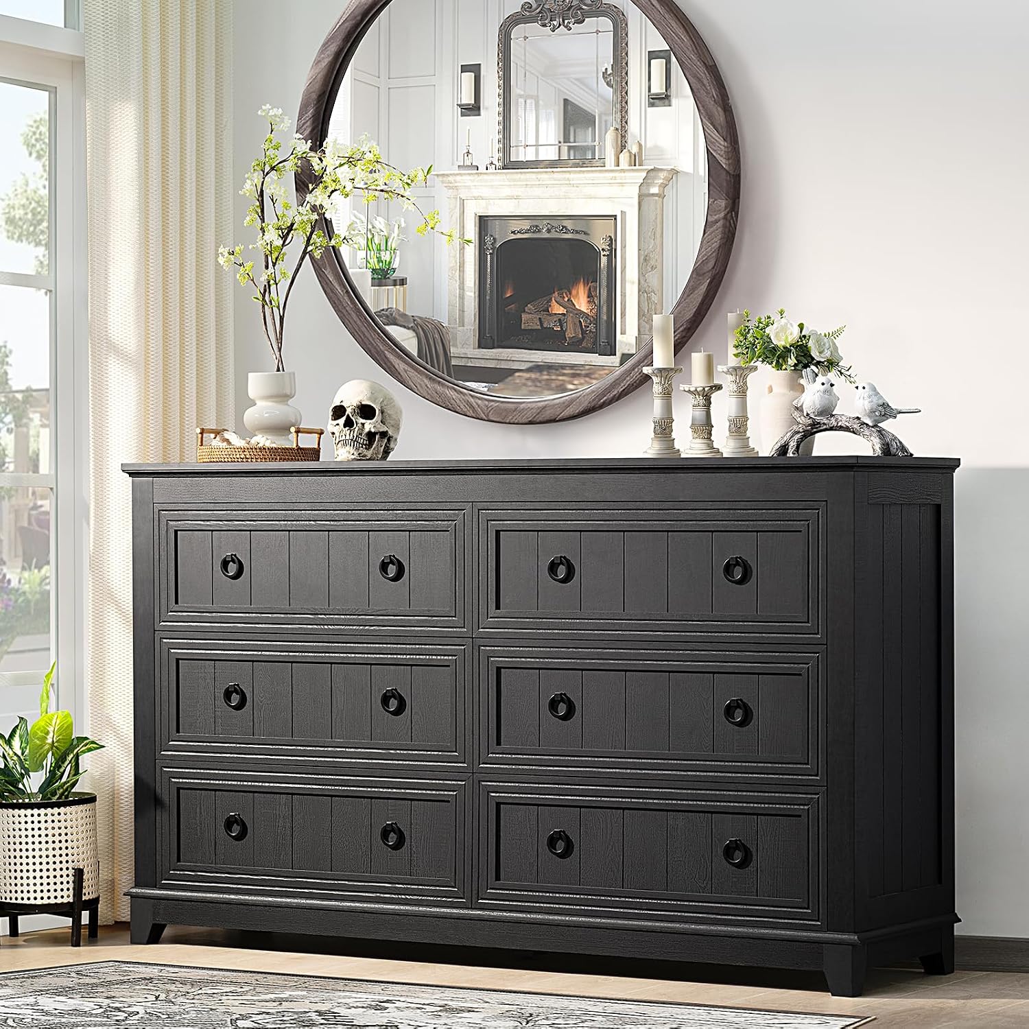 Joaxswe Farmhouse Furniture Set, Nightstands with Charging Station and 6 Drawers Dresser for Bedroom, 54 Inch Wide Wood Dresser and 18' Night Stands for Bedroom, Living Room, Hallway