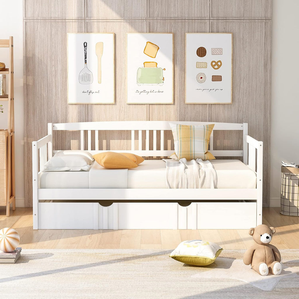 Merax Daybed with Trundle Bed Wooden Slats Support Modern Living Daybed with Rails, Twin Size, White