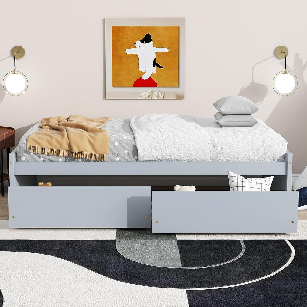 Bellemave Twin Kids Bed with Storage 2 Drawers, Wood Twin Daybed with Storage, BedFrames for Kids, Adults, Gray