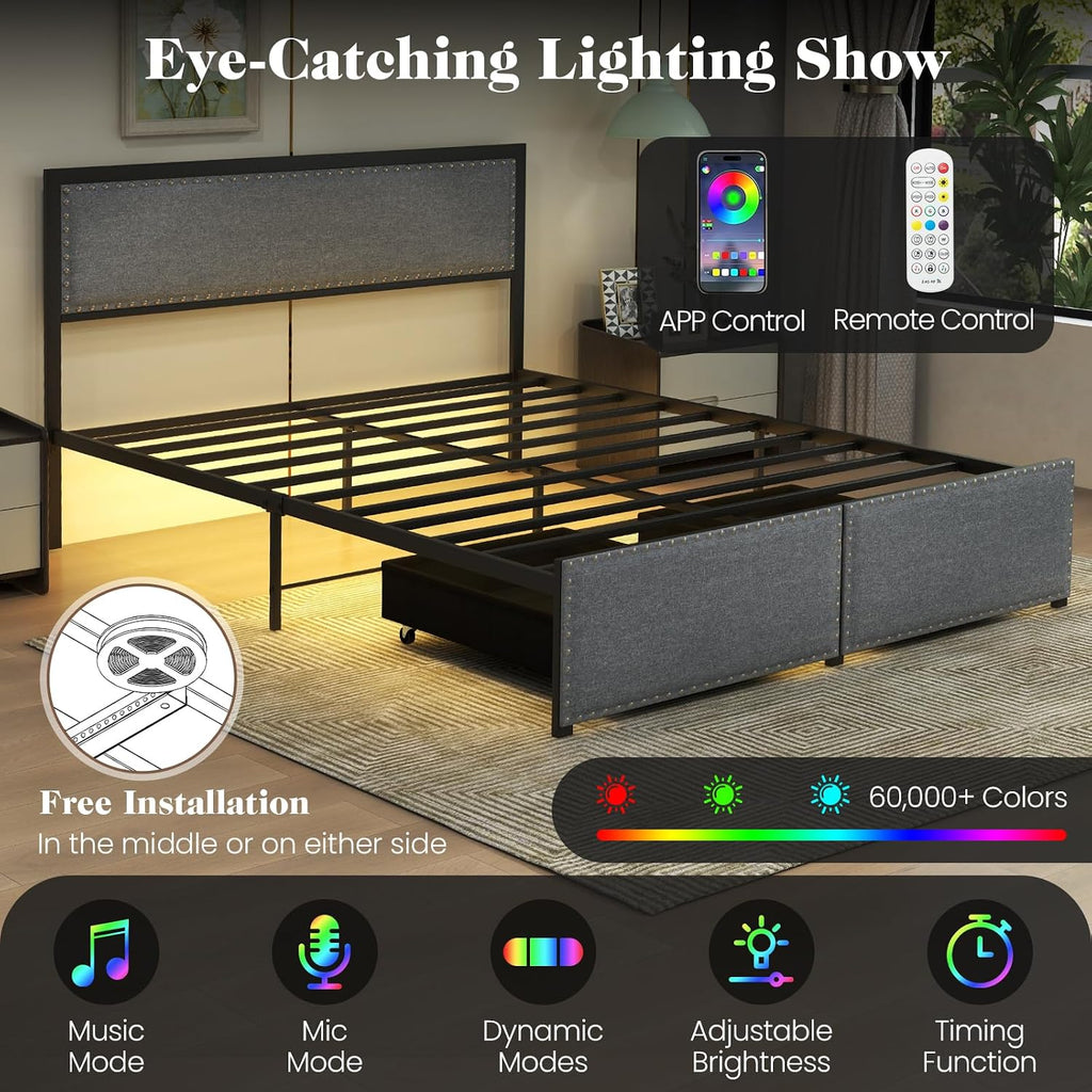 Giantex Queen Bed Frame with LED Lights and 2 Storage Drawers, Upholstered LED Platform Bed with Linen Fabric Headboard, Metal Slats Support, No Box Spring Needed, Light up Bed Frame, Grey