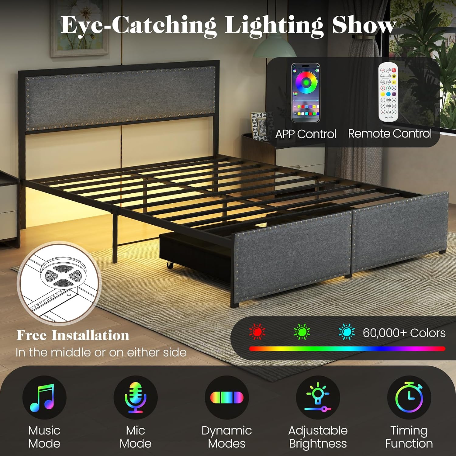 Giantex Queen Bed Frame with LED Lights and 2 Storage Drawers, Upholstered LED Platform Bed with Linen Fabric Headboard, Metal Slats Support, No Box Spring Needed, Light up Bed Frame, Grey
