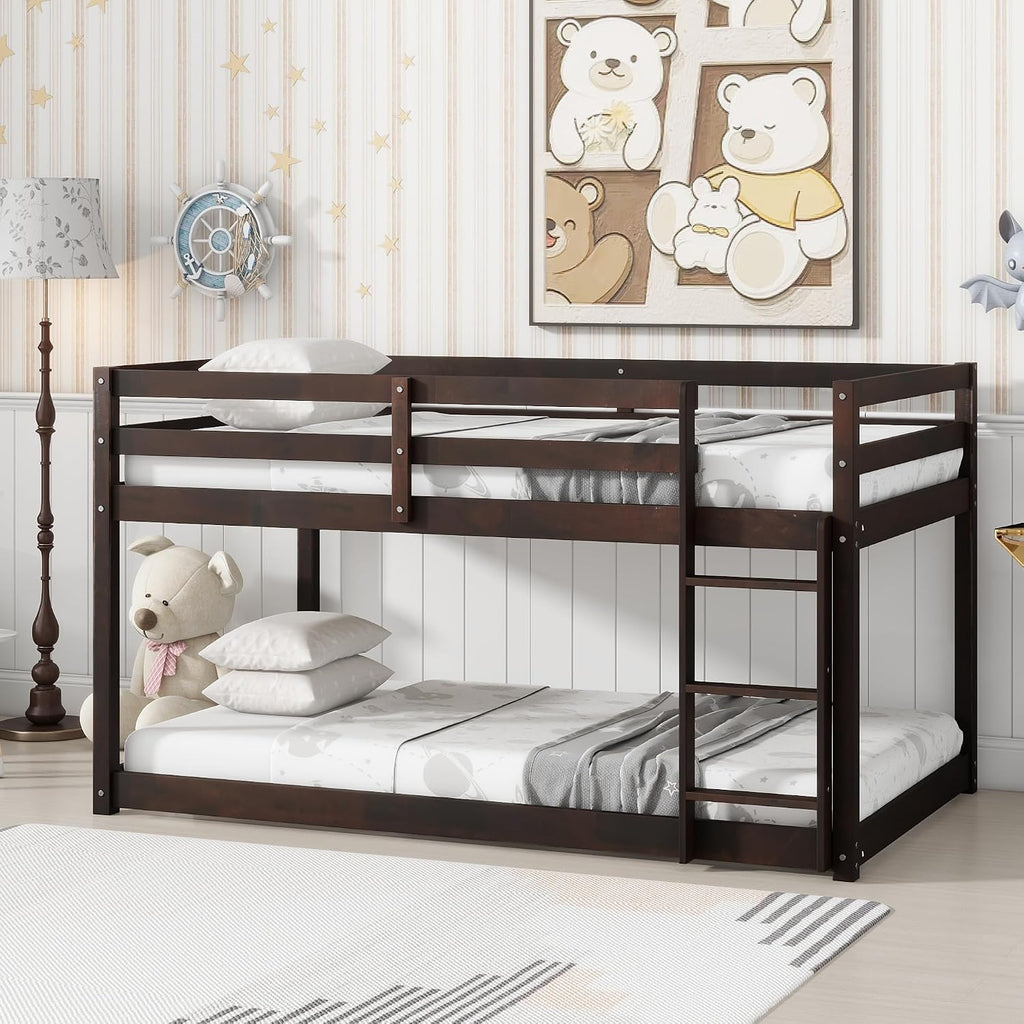 Bunk Bed Twin Over Twin, Floor Bunk Bed w Ladder, Safety Guard Rails, Heavy Duty Wooden Twin Bunk Beds Low Bunkbeds No Box Spring Required, Espresso