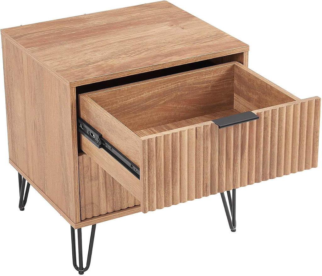 Manhattan Comfort Dumbo Fluted Nightstand with 2 Drawers, Gold Metal Legs and Metal Handles, Snap Tool-Free Assembly, Modern Bedside Accent Table with Storage for Bedroom, Living Room in Golden Brown