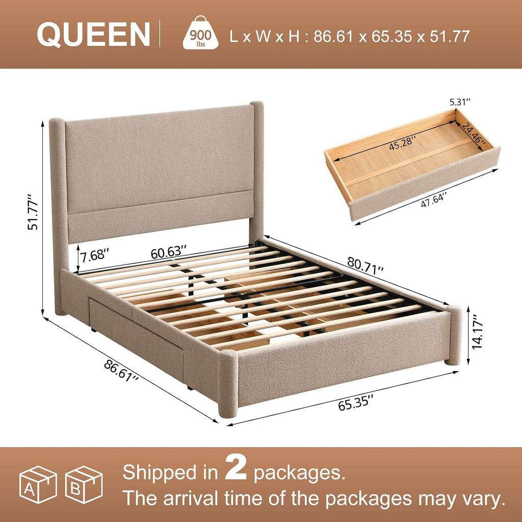 VELOCAVA Queen Size Upholstered Bed Frame with 51.77' Tall Headboard and Soft Rounded Corners, Side Storage Drawers, 12-Slat Support, No Box Spring Needed, Bouclé Texture, Beige