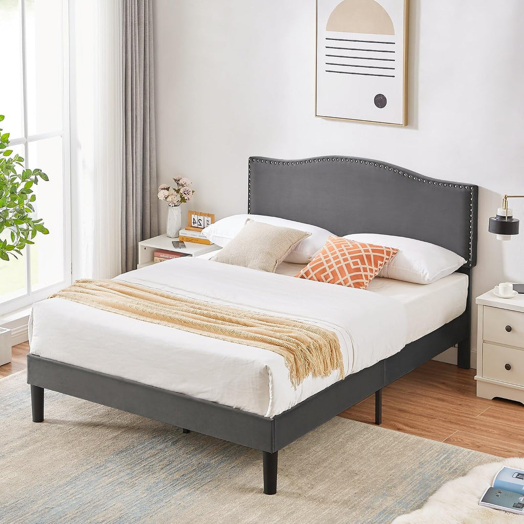 VECELO Full Bed Frame Platform Bed Frame with Upholstered Headboard, Strong Frame and Wooden Slats Support, Strong Weight Capacity, Non-Slip and Noise-Free, Easy Assembly,Dark Grey