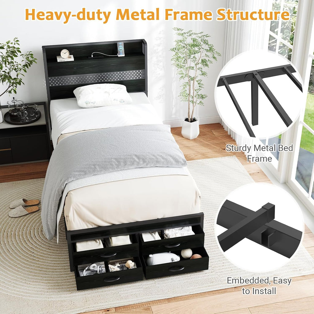 Zevemomo Twin Bed Frame with Storage Drawers, Twin Metal Bed Frame with LED Light and Charging Station, Heavy Duty Metal Slats, No Box Spring Needed, Black