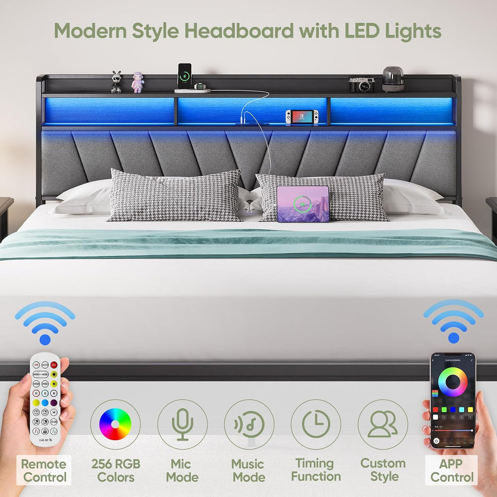 King Bed Frame with Wood Headboard, Metal Platform Bed with LED Lights & Charging Station, 2-Tier Storage Shelves, Sturdy and Easy Assembly, Under Bed Space, No Box Spring Needed, Noise Free, Black