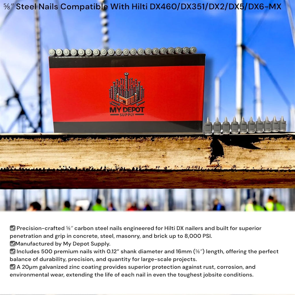 ⅝″ Steel/Concrete Nails Compatible With Hilti DX460/DX351/DX2/DX5/DX6-MX - 500 Count Flat Head Shoot-Drive Nails with Galvanized coat- Heavy-Duty Construction for Steel & Industrial Projects