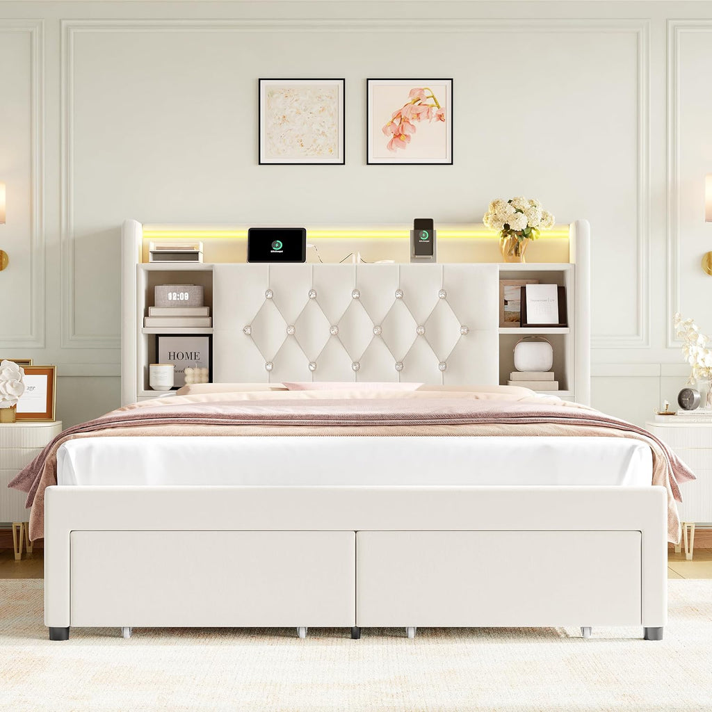 Queen Bed Frame with Drawers, Hidden-Cubby & Shelves Storage Headboard with Charging Station and LED Lights, Velvet Upholstered Platform Bed Solid Wooden Slats Support No Box Spring Needed, Beige