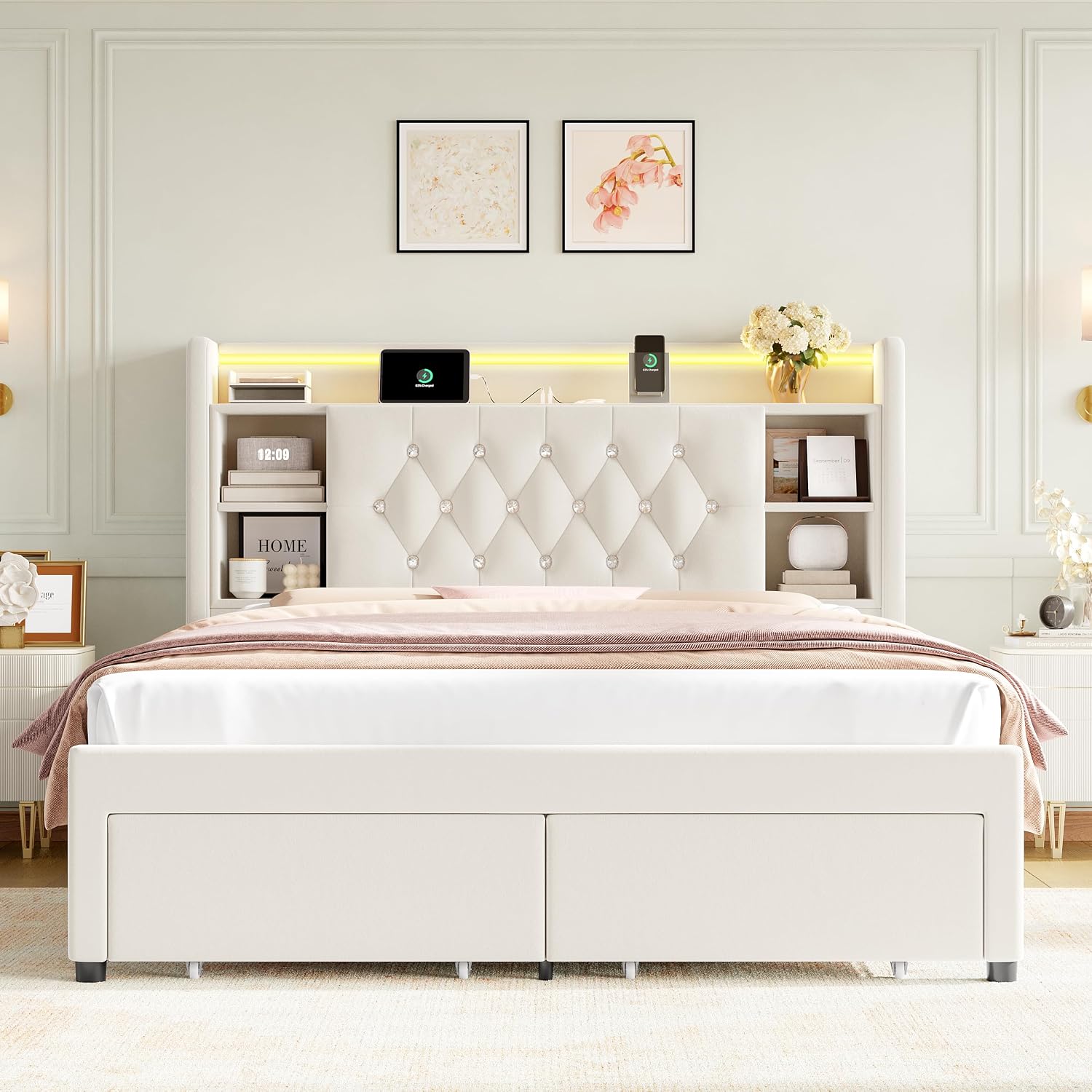 Queen Bed Frame with Drawers, Hidden-Cubby & Shelves Storage Headboard with Charging Station and LED Lights, Velvet Upholstered Platform Bed Solid Wooden Slats Support No Box Spring Needed, Beige