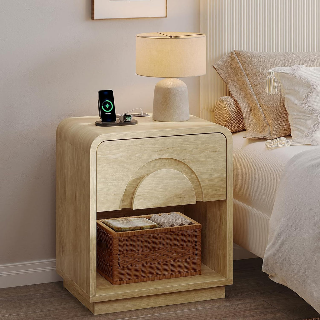 Bestier Night Stand Set of 2, 23.6' H Curved Nightstand with Charging Station, Farmhouse Bedside Table with Drawer & Open Shelf, Arched & Curved Nightstand, Solid Wood End Table for Bedroom, Natural