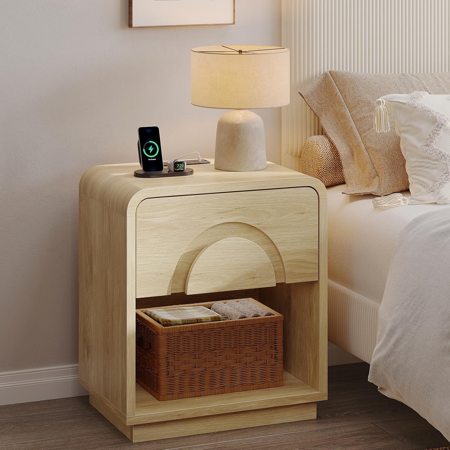 Bestier Night Stand Set of 2, 23.6' H Curved Nightstand with Charging Station, Farmhouse Bedside Table with Drawer & Open Shelf, Arched & Curved Nightstand, Solid Wood End Table for Bedroom, Natural