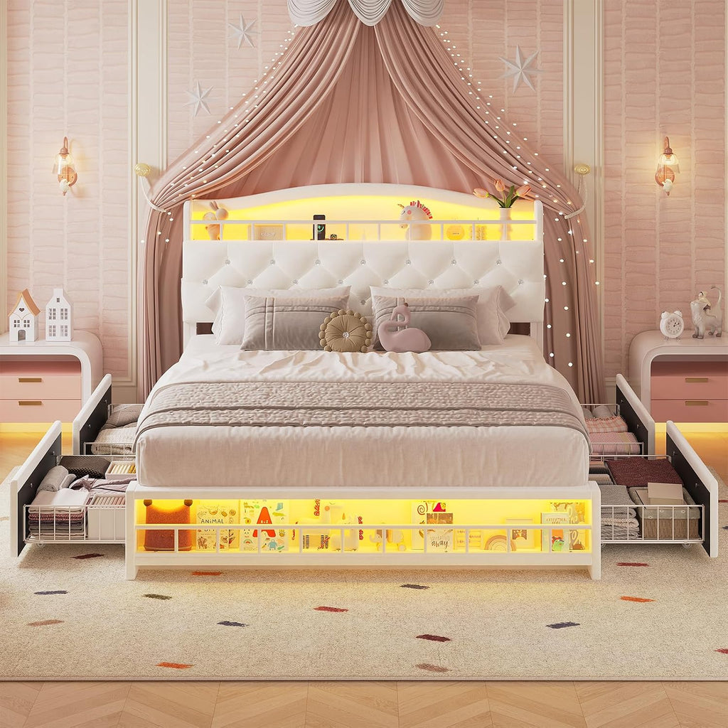 HAUOMS Full Size Bed Frame with LED Lights & 4 Drawers, Princess Velvet Upholstered Platform Bed for Girls, Headboard with Charging Station & Guardrail & Crystal Button, No Box Spring Needed, Beige