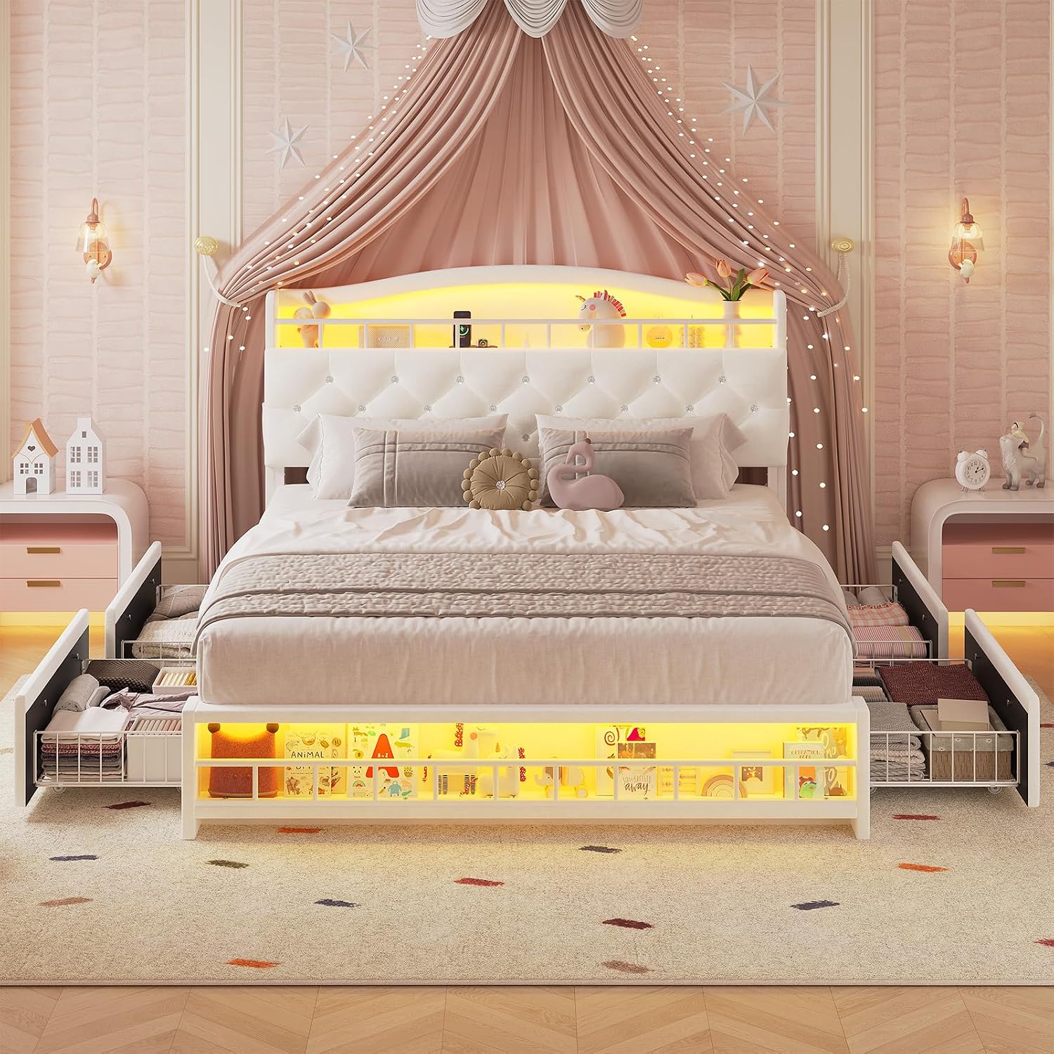 HAUOMS Full Size Bed Frame with LED Lights & 4 Drawers, Princess Velvet Upholstered Platform Bed for Girls, Headboard with Charging Station & Guardrail & Crystal Button, No Box Spring Needed, Beige