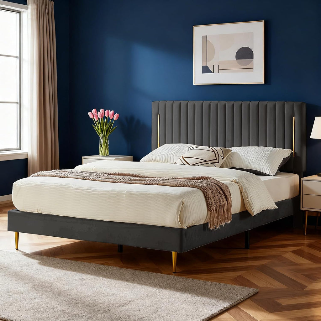Furnify Queen Platform Bed Frame, Velvet Upholstered Bedframe with Vertical Channel Adjustable Headboard, Golden Plating Trim, Mattress Foundation with Wooden Slats, No Box Spring Needed, Grey