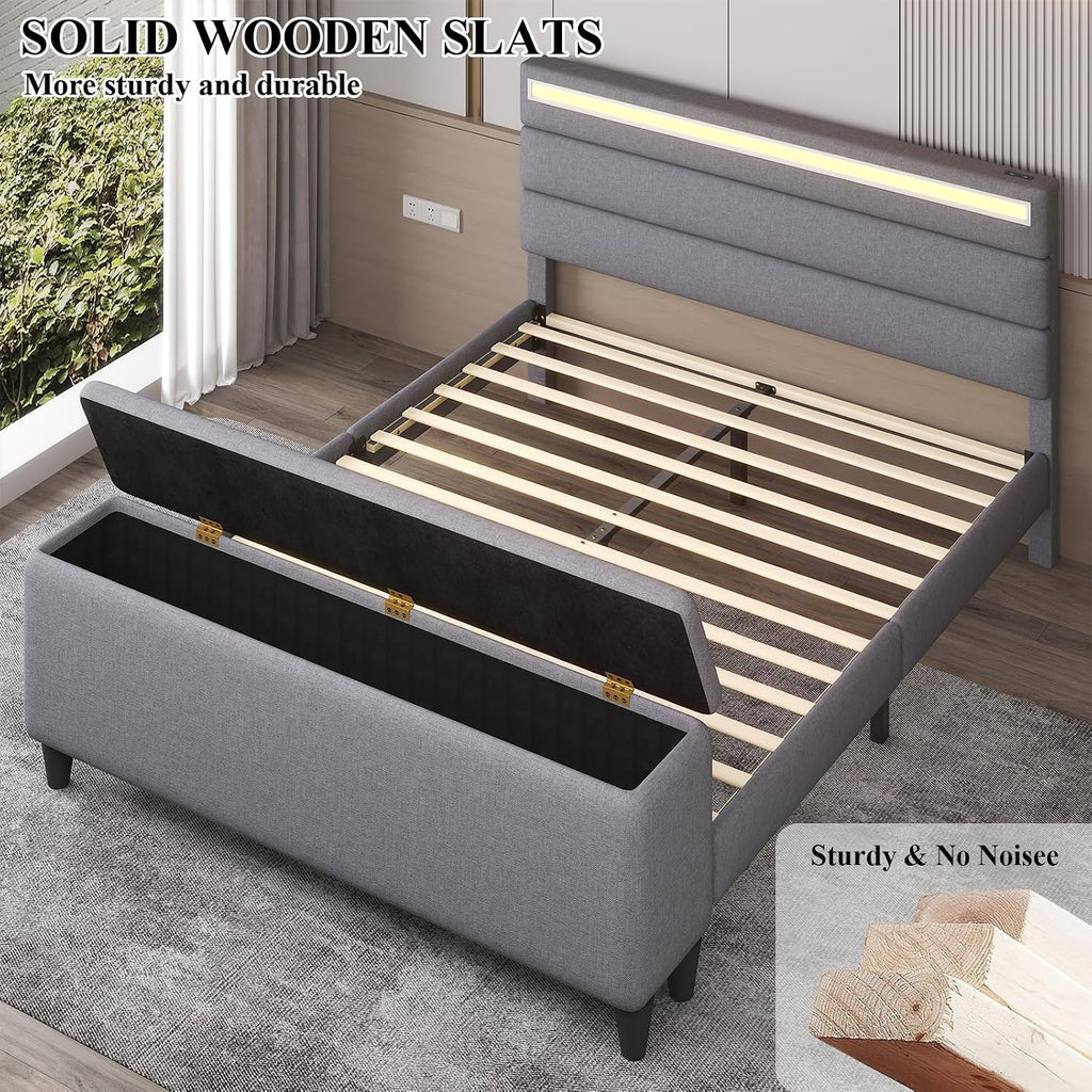 E-Motie Full Size Bed Frame with Ottoman Storage, Upholstered Platform Bed with Headboard, LED Light & Charging Station, Solid Wooden Slats Support, No Box Spring Needed, Easy Assembly, Grey