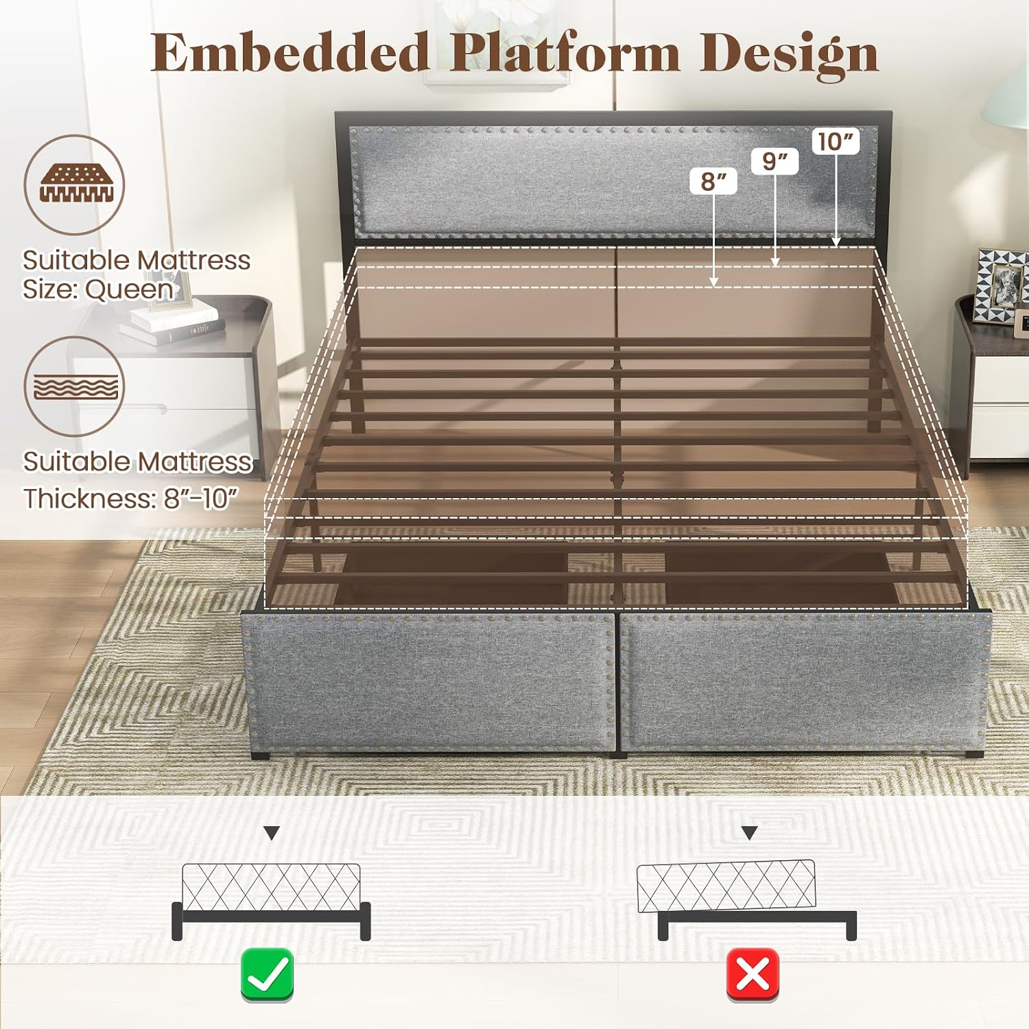 Giantex Queen Bed Frame with LED Lights and 2 Storage Drawers, Upholstered LED Platform Bed with Linen Fabric Headboard, Metal Slats Support, No Box Spring Needed, Light up Bed Frame, Grey