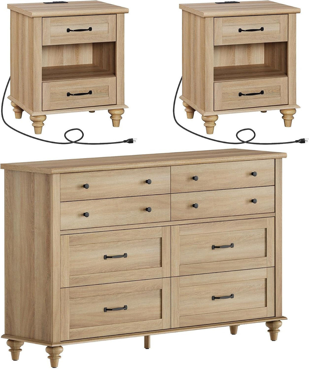 WAMPAT 3 Piece Bedroom Set - Includes Farmhouse 8 Drawer Dresser, Set of 2 Bedside Tables with Charging Station & Shelf, 3 Piece Dresser and Nightstand Sets, Oak