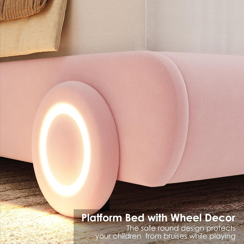 Keyluv Full Led Car Bed Frame with Wheels Decor & Adjustable Curved Headboard Modern Upholstered Platform Bed with Detachable Pillows Solid Wooden Slats Support No Box Spring Needed, Velvet Pink
