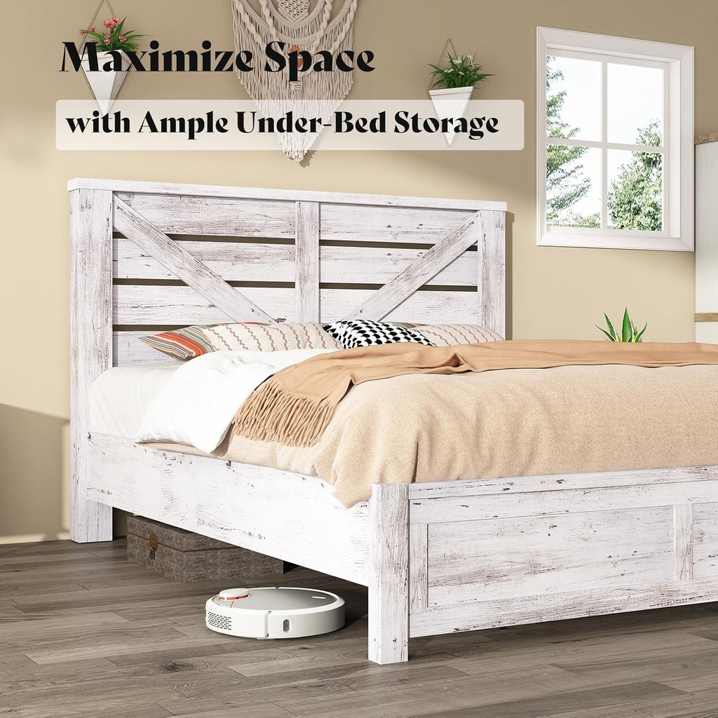 AMERLIFE Full Size Bed Frame with 49.2' Barn Door Headboard and Footboard, Farmhouse Platform Bed Frame with Wood Slats, No Box Spring Needed, Under Bed Storage, Distressed White