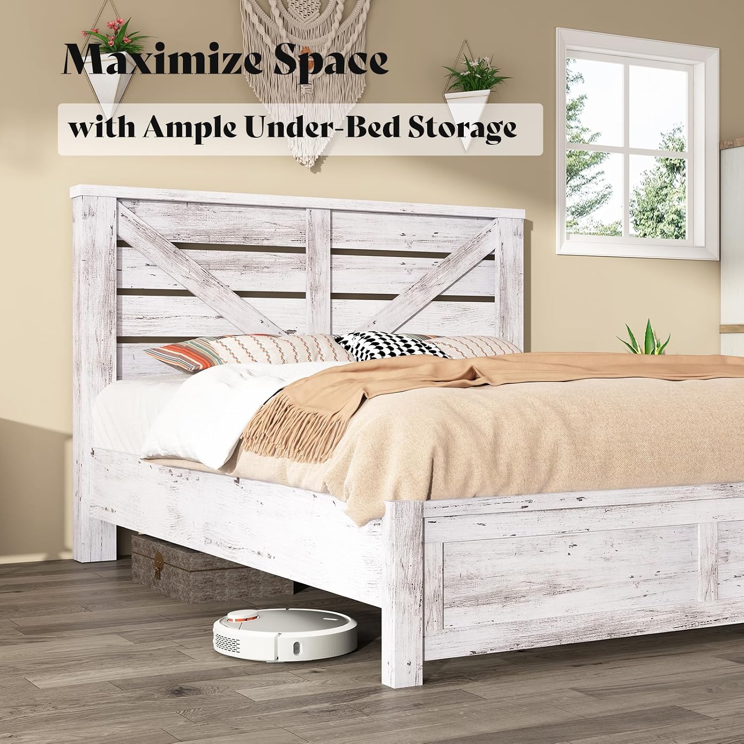 AMERLIFE Queen Size Bed Frame with 49.2' Barn Door Headboard and Footboard, Farmhouse Platform Bed Frame with Wood Slats, No Box Spring Needed, Under Bed Storage, Distressed White