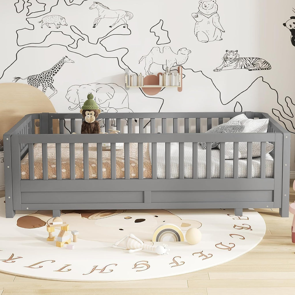Bellemave Queen Floor Bed or Twin XL Montessori Floor beds for Kids, Twin XL Can Be Converted into a Queen Platform Bed, Gray