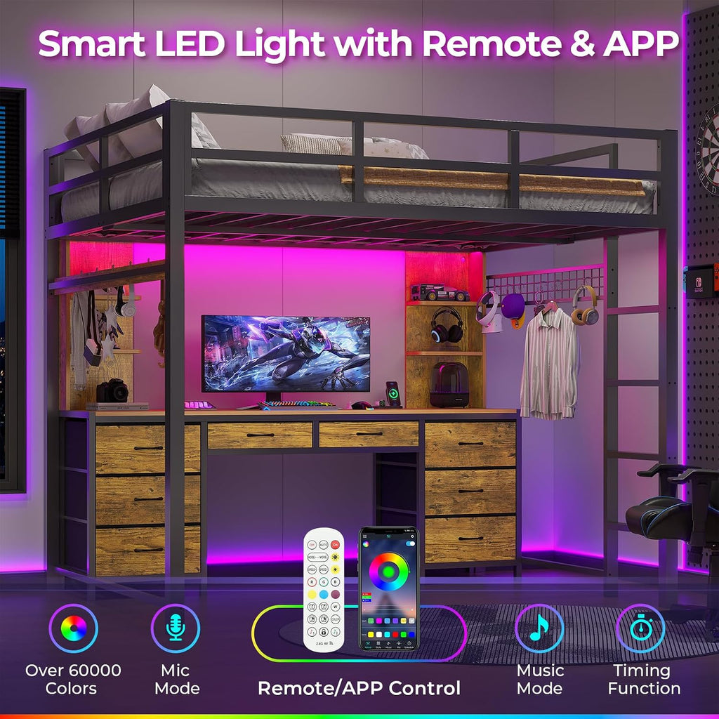 ADORNEVE Full Size Loft Bed with Desk and 8 Storage Drawers, Metal Loft Beds Full with LED Lights & Charging Sation, Heavy Duty Loft Bed Frame with 6 Storage Shelves, Space-Saving, Rustic Brown