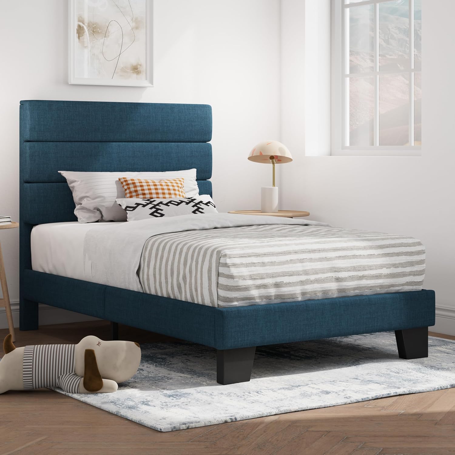SHA CERLIN Twin Platform Bed Frame with Upholstered Fabric Headboard, Mattress Foundation with Strong Wooden Slats Support, No Box Spring Needed, Navy Blue