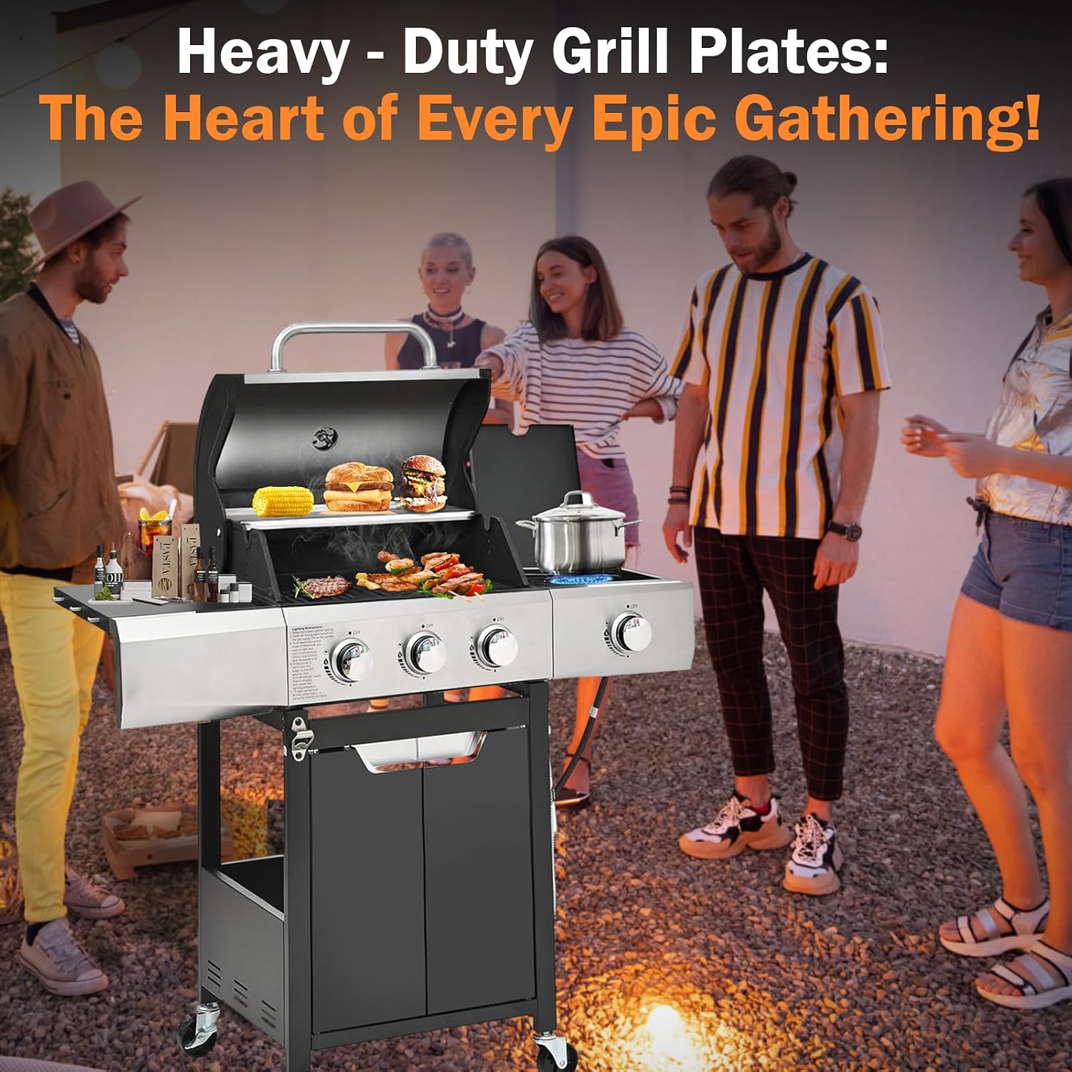 3-Burner Propane Gas Grill with Side Burner, 40,500 BTU Stainless Steel BBQ - Easy Assembly & Grease Management for Patio, Backyard, Camping (3+1Burner No Cover)