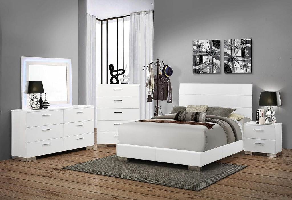 Coaster Home Furnishings Felicity Contemporary 5-Piece Bedroom Set Queen Size Panel Bed Frame 51-inch Headboard White High Gloss 203501Q-S5L