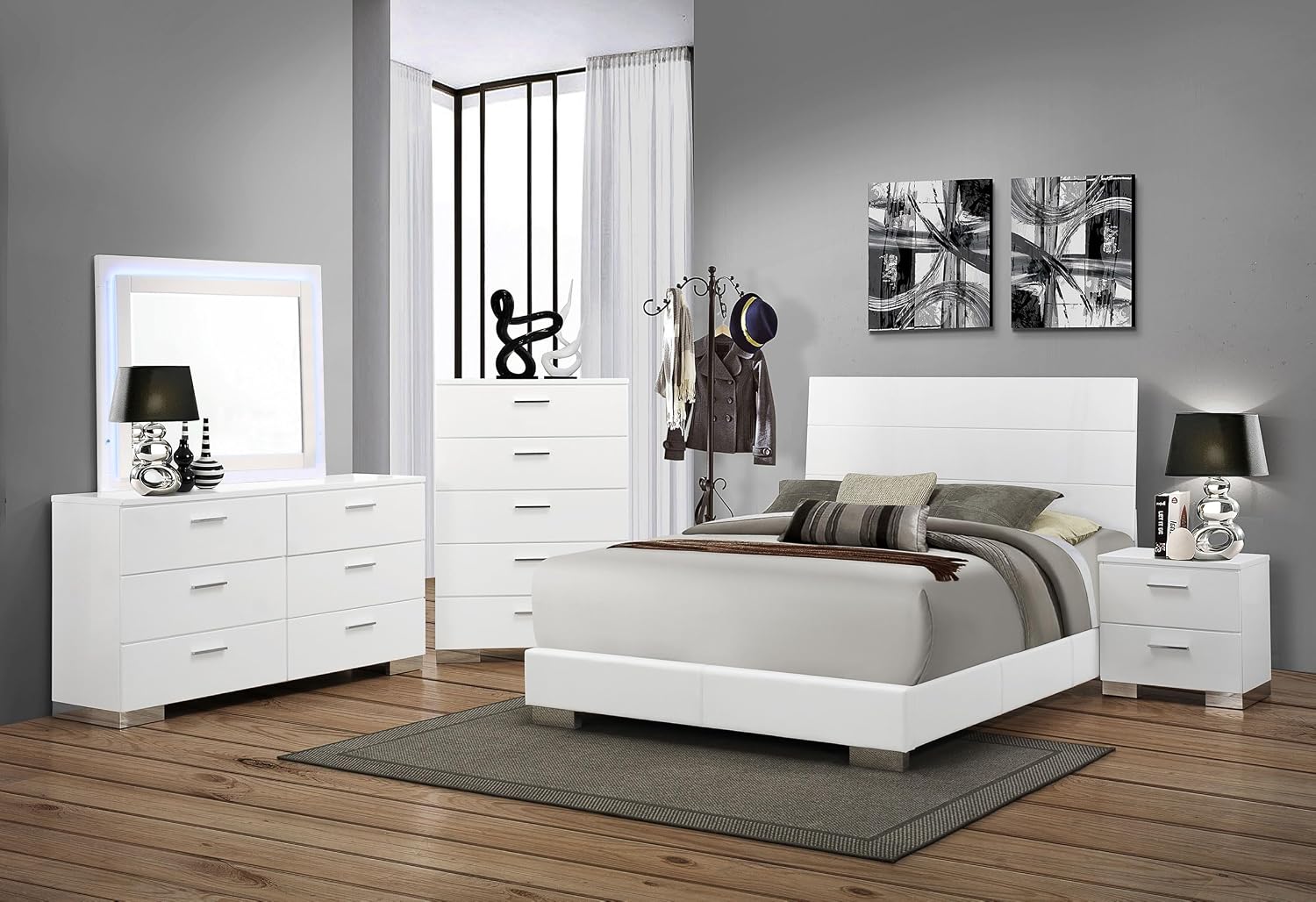 Coaster Home Furnishings Felicity Contemporary 5-Piece Bedroom Set Queen Size Panel Bed Frame 51-inch Headboard White High Gloss 203501Q-S5L