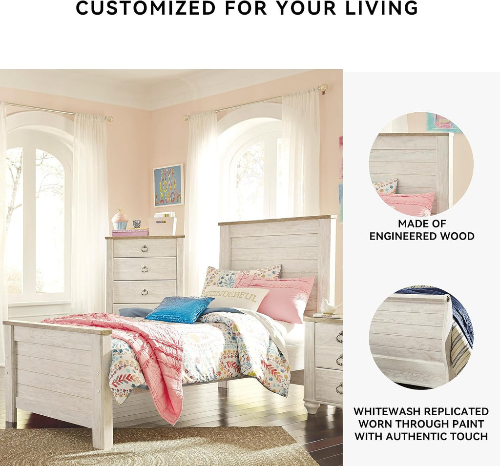 Signature Design by Ashley Willowton Casual Twin Panel Bed with Metal Slats, Foundation or Box Spring Needed, Whitewash