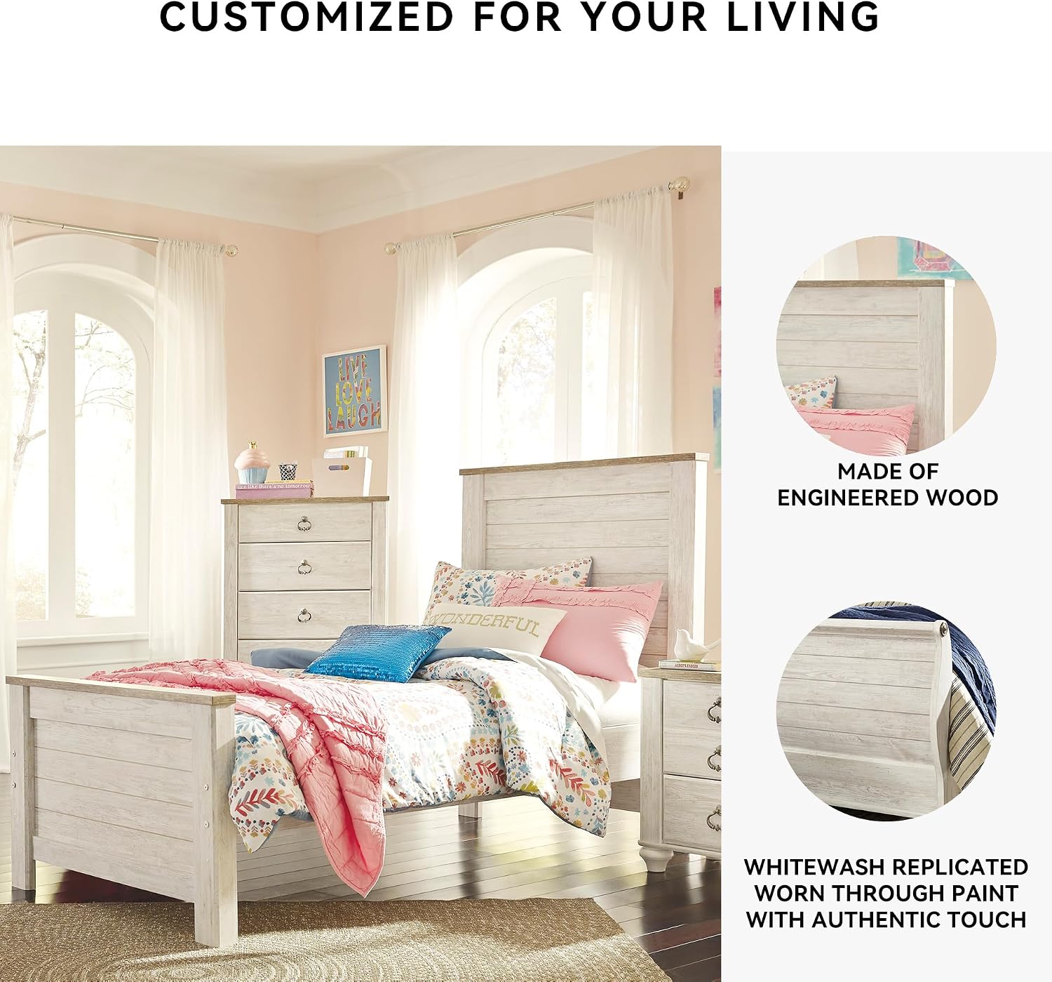 Signature Design by Ashley Willowton Casual Twin Panel Bed with Metal Slats, Foundation or Box Spring Needed, Whitewash