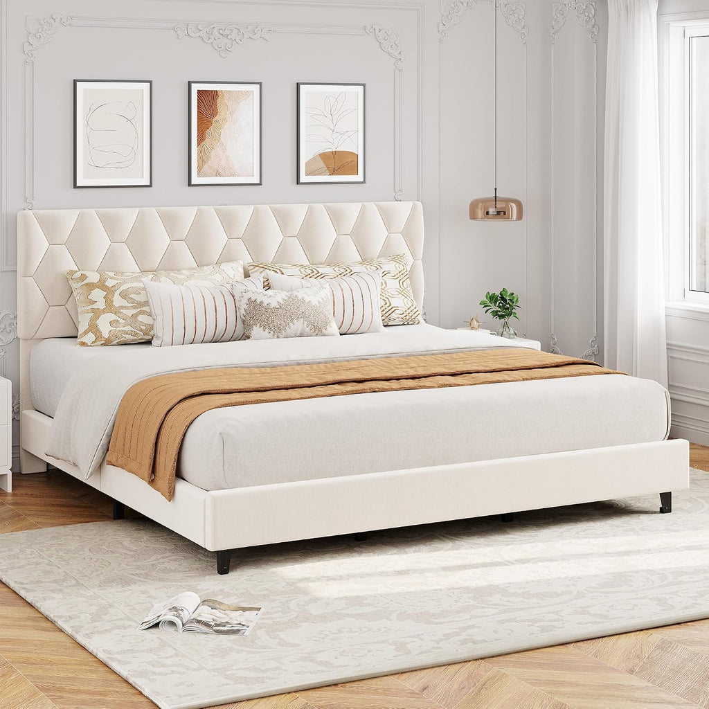 GAOMON Beige King Bed Frame with Upholstered Headboard, Heavy-Duty Platform Bed Frame with Strong Wood Slats, No Box Spring Needed/Noise Free/Easy Assembly