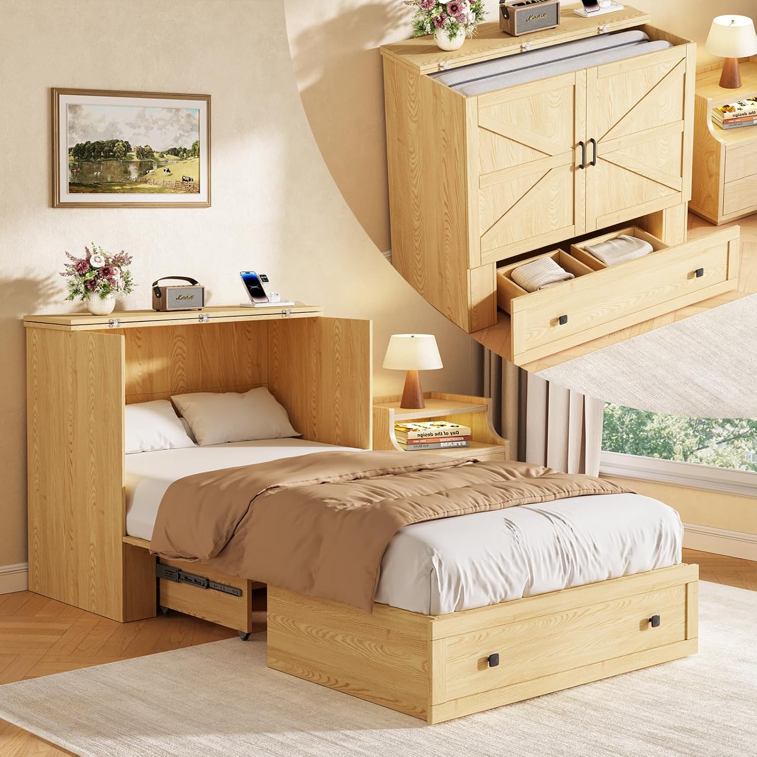 LIVAUVEAD Murphy Bed with Built-in Charging Station, Space-Saving Murphy Bed Chest Twin with Drawer, Foldable, for Home Office Guest Room Bedroom,Natural