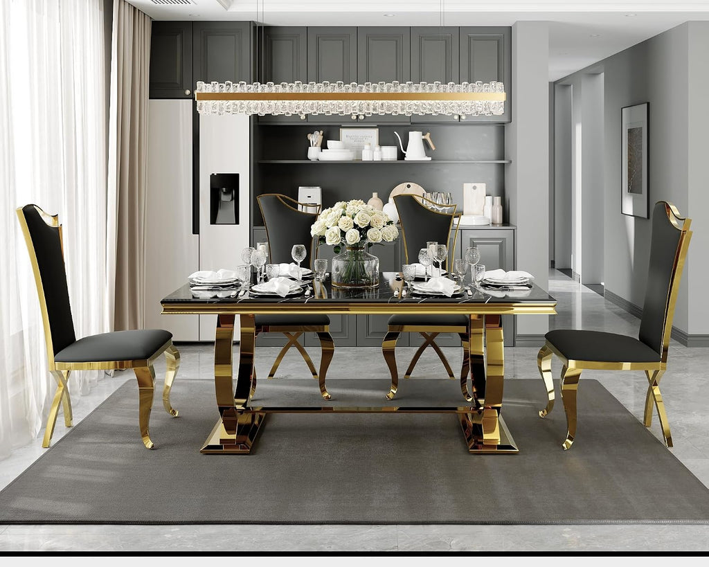 ACEDÉCOR 5 Piece Dining Table Set, Modern Dining Room Table with Gold Stainless Steel Metal U-Base, 4 Black Velvet Dining Chairs with Gold Legs(1 Table + 4 Black Velvet Dining Chairs)