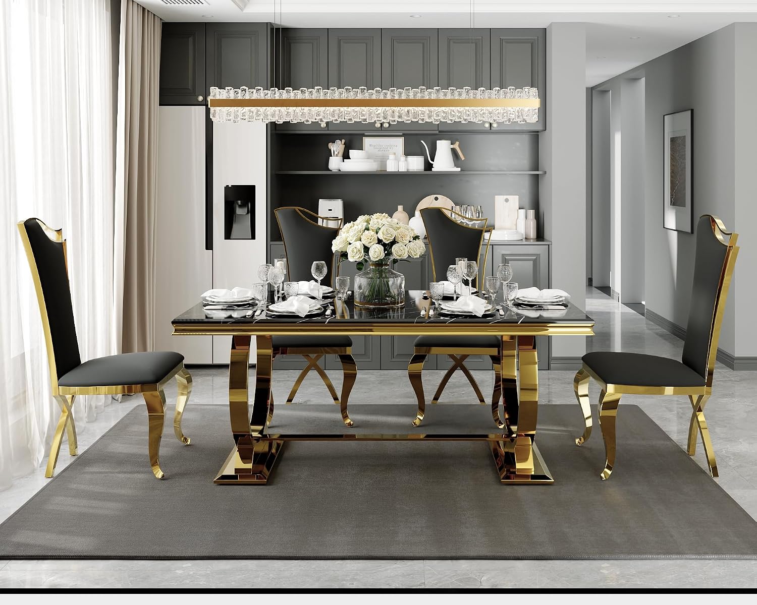 ACEDÉCOR 5 Piece Dining Table Set, Modern Dining Room Table with Gold Stainless Steel Metal U-Base, 4 Black Velvet Dining Chairs with Gold Legs(1 Table + 4 Black Velvet Dining Chairs)