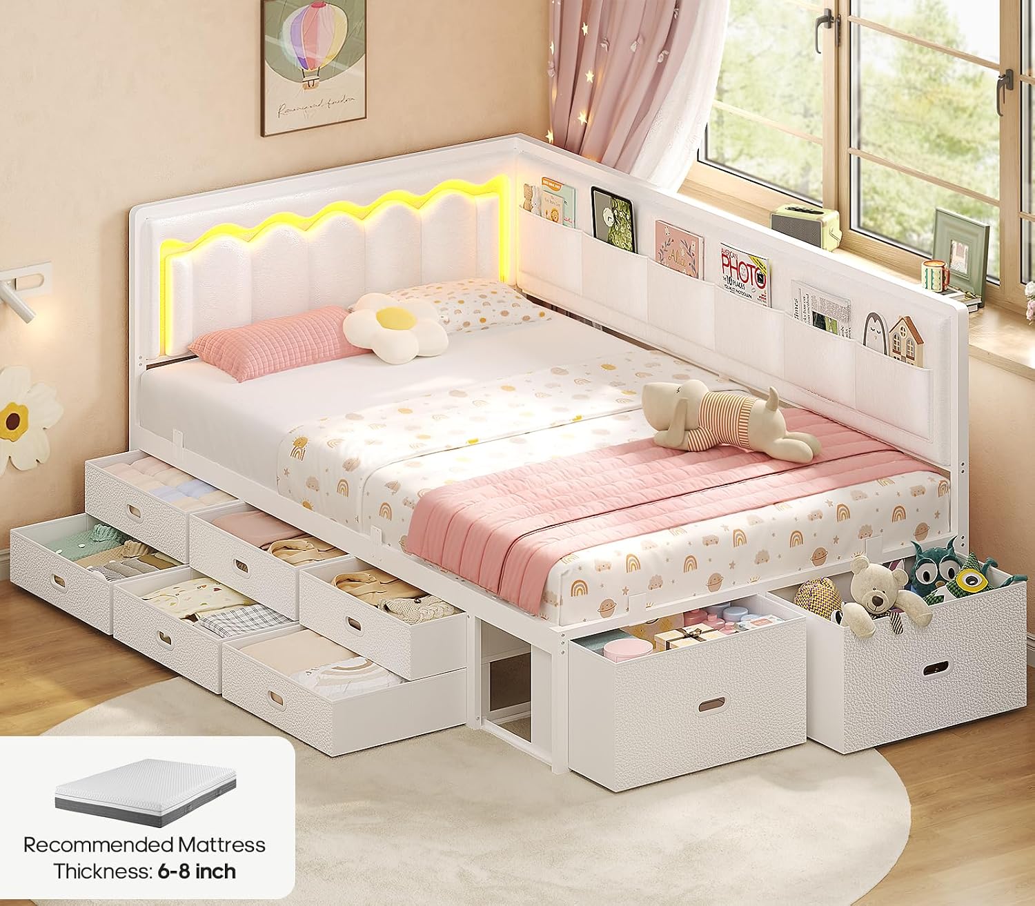 ADORNEVE Twin Corner Bed Frame with 8 Drawers, 6 Storage Pockets, Twin Daybed with Storage and RGB Wave Lights, Twin Size Platform Bed with L-Shaped Upholstered Guardrail for Kids Teen,White