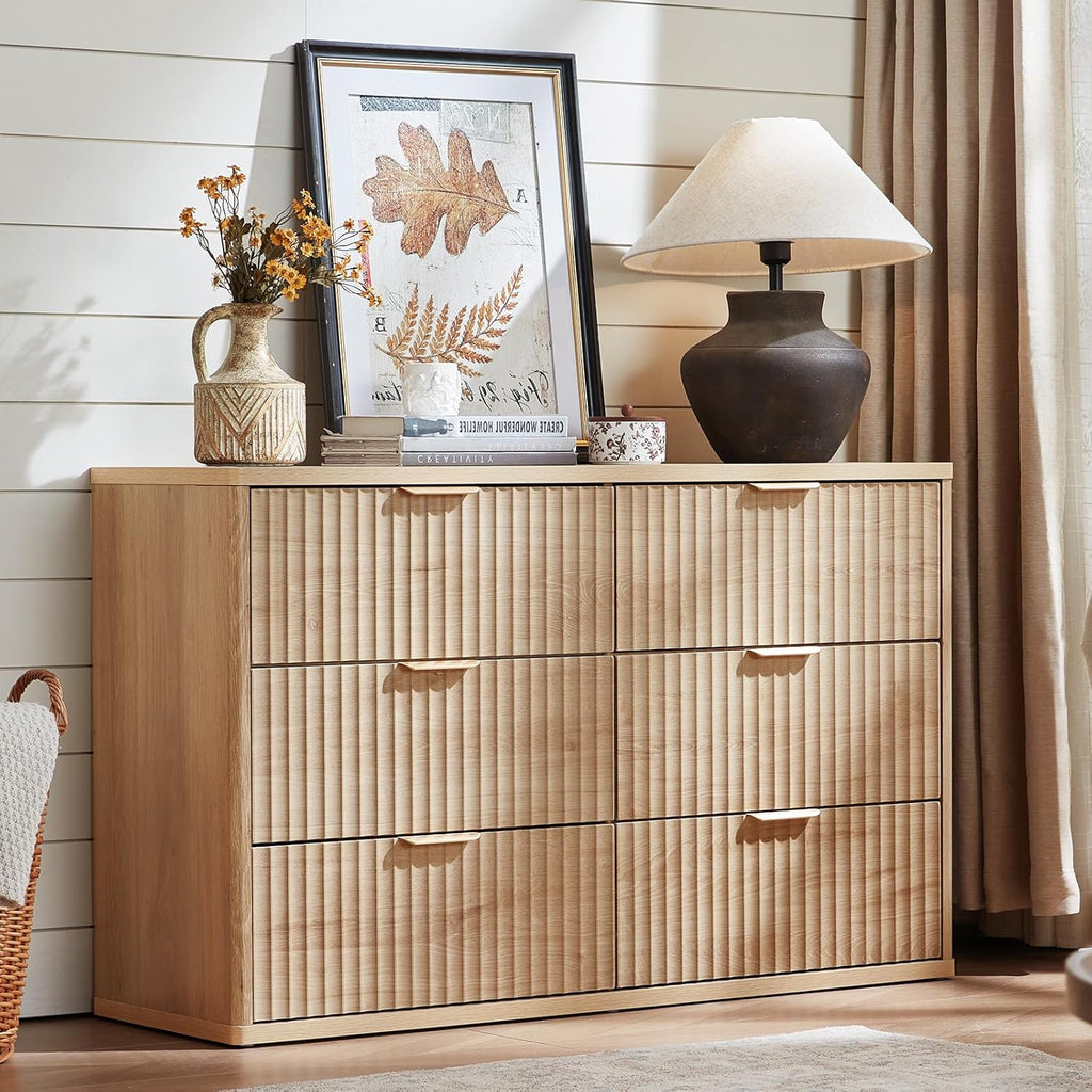 LEYAOYAO Fluted Dresser and 3 Drawers Nightstand Set of 2, Wood 48' Wide Dresser & 23' Night Stand with Charging Station, 3 Piece Bedroom Furniture Set, Chest of Drawers for Home,Living Room,Wood