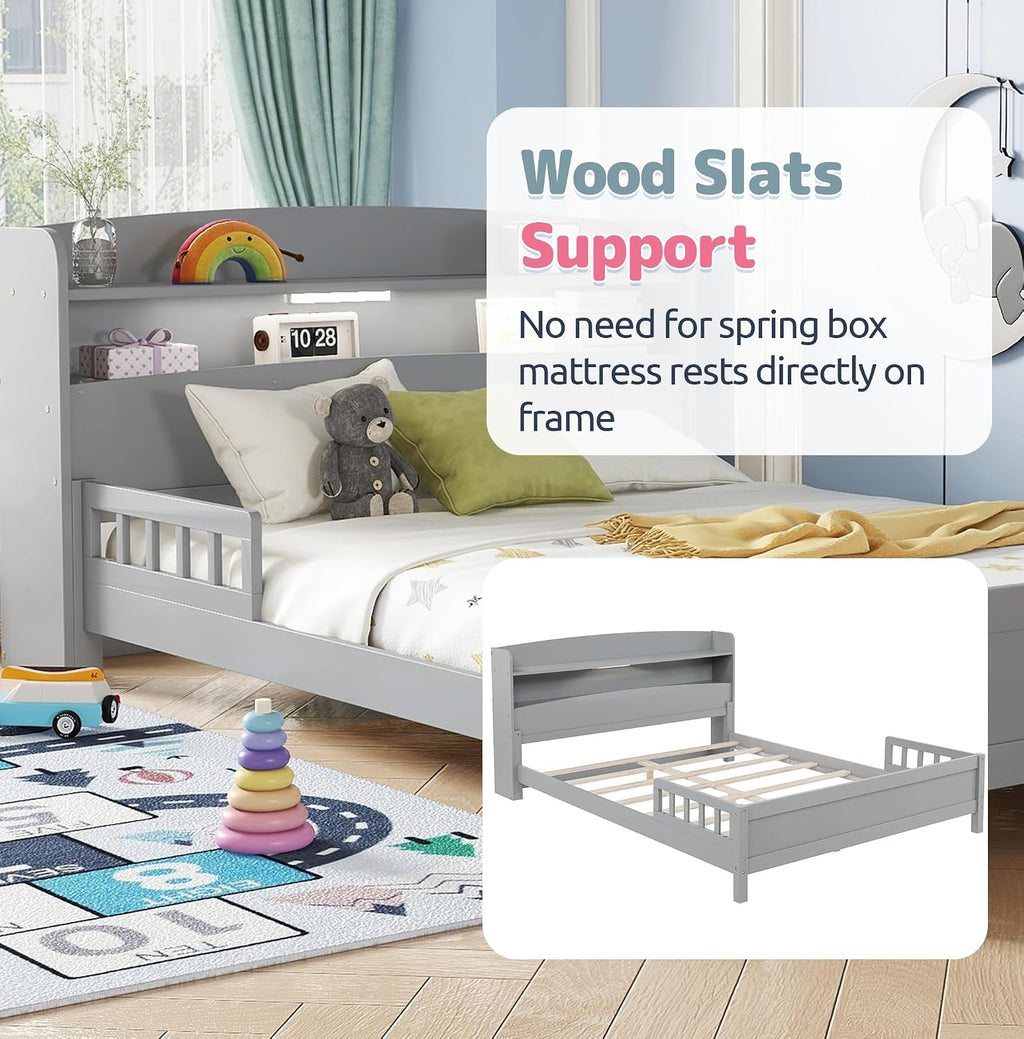 Full Size Kids Bed Frame with Storage Headboard & Motion Sensor LED Light, Wood Low Platform Bed with Detachable Guardrails, Full Bed Frame for Kids Boys Girls, No Box Spring Needed, Grey