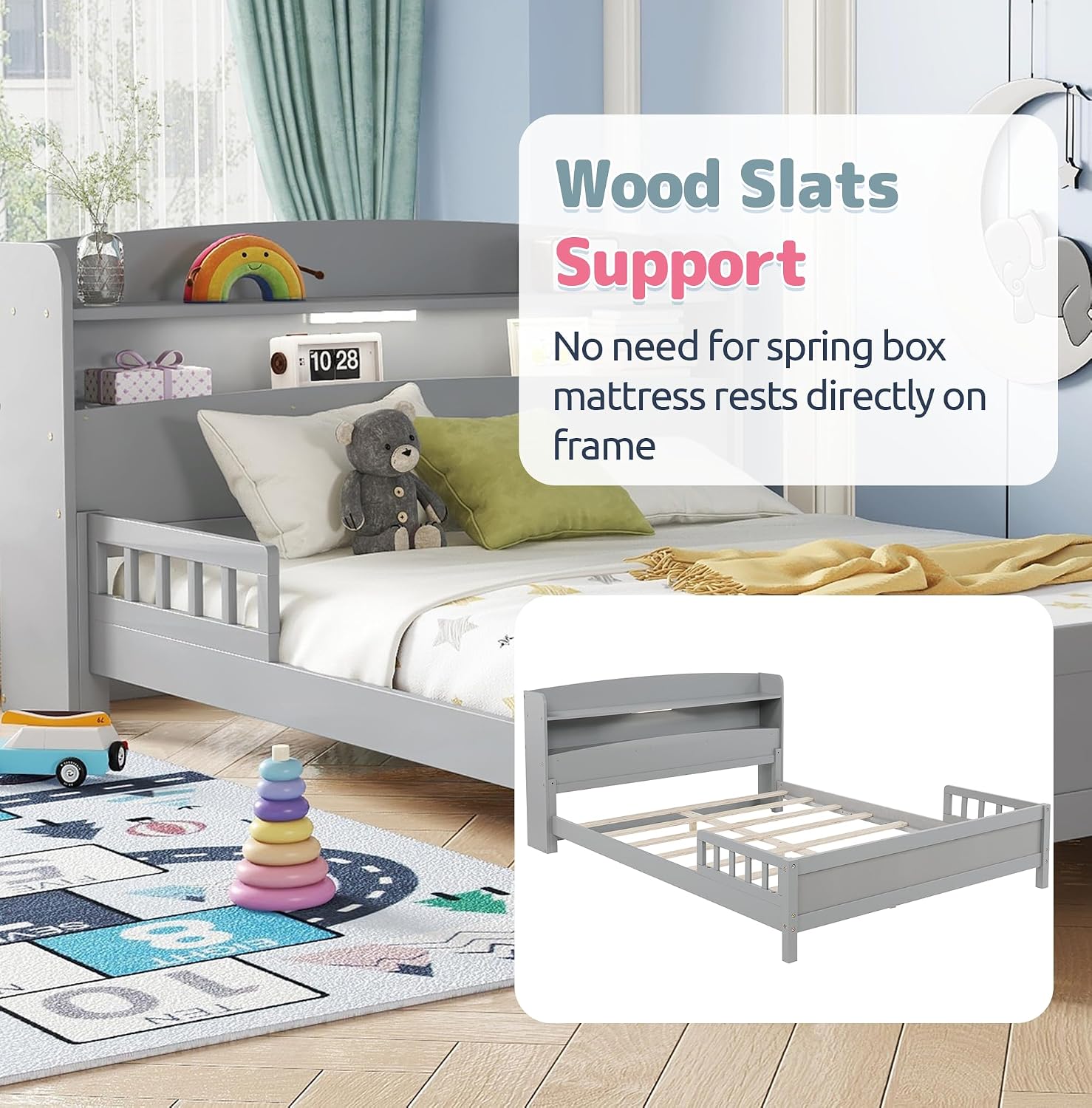 Full Size Kids Bed Frame with Storage Headboard & Motion Sensor LED Light, Wood Low Platform Bed with Detachable Guardrails, Full Bed Frame for Kids Boys Girls, No Box Spring Needed, Grey