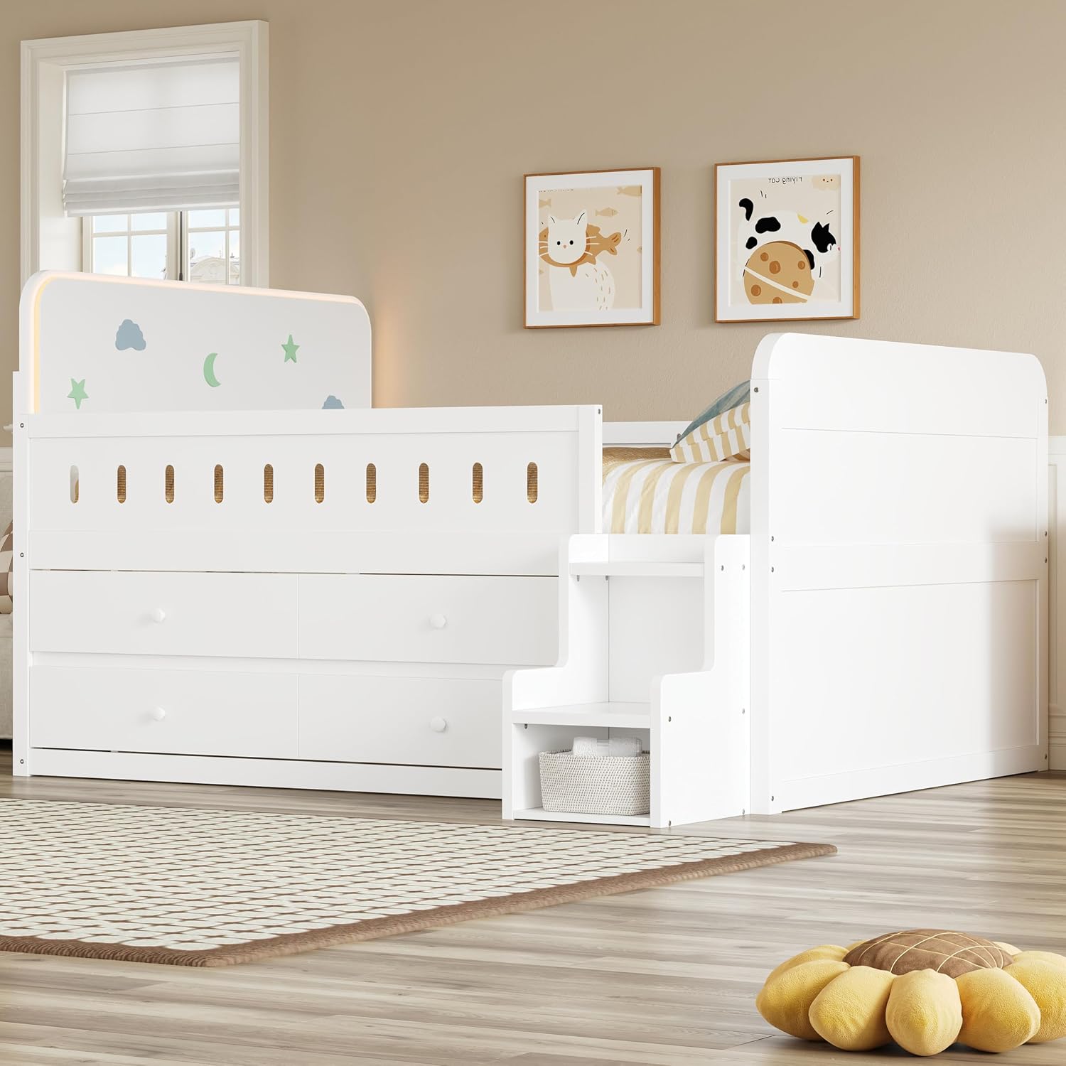VilroCaz Full Size Platform Bed with Guardrail and 4 Drawers, Wooden Kids Platform Bed Frame with Two-Step Staircases and Light Strip for Boys Girls, Sturdy Slats Support (White-11A)
