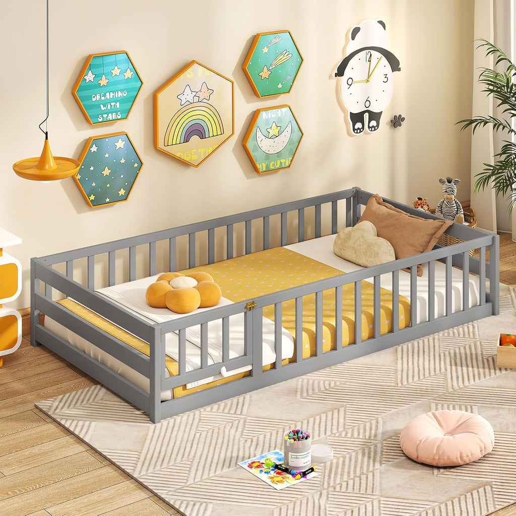 Giantex Twin Floor Bed with Fence for Kids, Wooden Montessori Bed Frame with Lockable Door & Guardrails, Low Floor Beds for Kids, Boys, Girls, No Box Spring Needed, Without Wood Slats, Grey