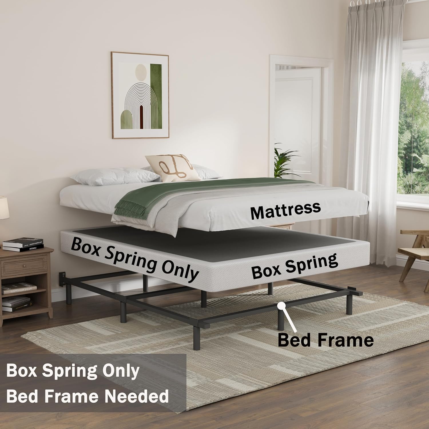 Bedsnus King Size Box Spring and Cover Set, 9 Inch High Profile Metal BoxSpring, Heavy Duty Structure Mattress Foundation, Noise Free, Non-Slip, Easy Assembly