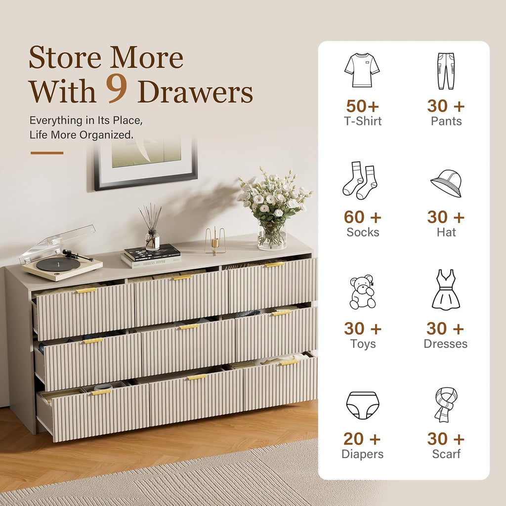 Furniway Beige Dresser for Bedroom, Modern Dresser with 9 Drawers and Smooth Slides, Wide Chest of Drawers with Golden Handles for Bedroom, Living Room, Closet, 15.7' D x 63' W x 31.5' H