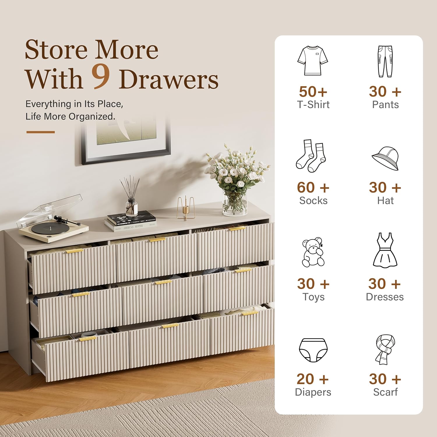 Furniway Beige Dresser for Bedroom, Modern Dresser with 9 Drawers and Smooth Slides, Wide Chest of Drawers with Golden Handles for Bedroom, Living Room, Closet, 15.7' D x 63' W x 31.5' H